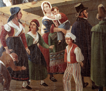 Traditional Neapolitan costumes: common people Detail of a painting by Salvatore Fergola (1799-1877) 1859 Museo Nazionale di San Martino Naples
