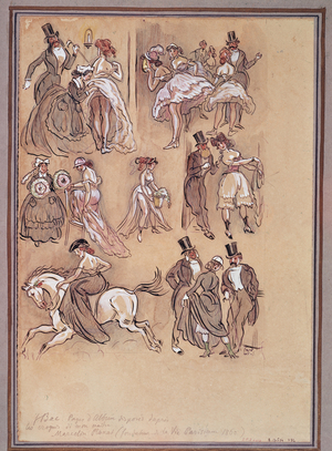 Second French Empire: fashion plate for dancers, rider and elegant gentlemen (engraving)