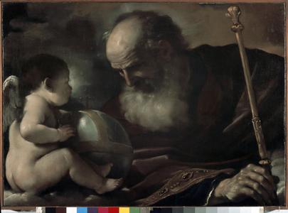 The Almighty Father with an Angel - Painting by Barbieri Giovanni Francesco called The Guerchin (1591-1666), oil on canvas, 66 x 91 cm, 1620. Genova, Musei di Strada Nuova (ex Palazzo Rosso)