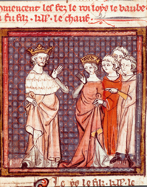 The marriage of Louis II the Begue (846-879) king of the Francs and Adelaide of Friuli in 875 Miniature from “” Grandes Chronicles de France”” 1375-1379 Municipal Library, Castres