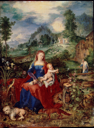 The Holy Family with Virgin animals leafing through a book, and holding the child Jesus, surrounded by a dog, fox, birds, crab, owl, owl, parrot; frog, snail and an iris. Painting by Jan Breugel the Elder called Bruegel of Velvet (Brueghel or Breughel, 1568-1625) Rome, Galleria Doria Pamphilj