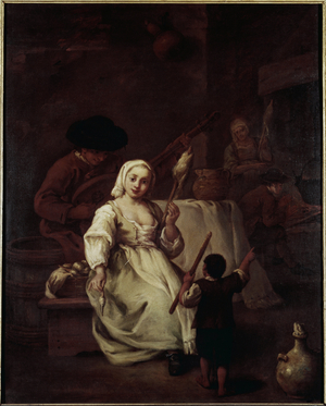 The Spinner - Painting by Pietro Longhi (1702-1785), oil on canvas, 69x49 cm, circa 1750. Venezia, Fondazione Querini Stampalia