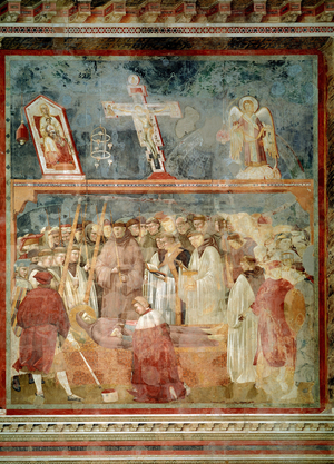Life of St Francis of Assisi: The verification of stigmas (St Jerome examining stigmas - Fresco, 1290-1295