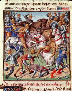 Scene de bataille Miniature in “” Le miroir historial”” (Speculum Historiale) (ms. 1196 fol. 408 r.) by Vincent de Beauvais (1190-1264) translated into French by Jean de Vignay, 15th century. Chantilly, Musee Conde