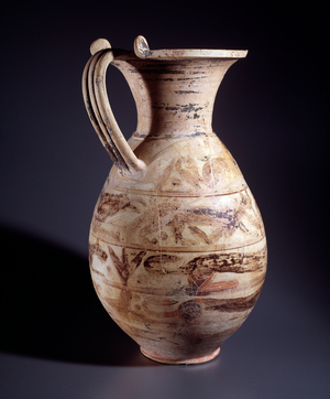 Terracotta pelike representing a young woman offering a pomegranate to a man, 350 BC