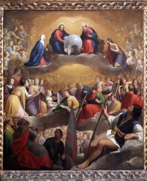 Paradise (Heaven) Above: representation of the Holy Trinity  surrounded by the Virgin Mary, StJohn the Baptist and the Tetramorph, 1598 (oil on copper)