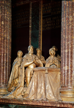Sculpted group representing Emperor Charles V (Charles V) (1500-1558) and his family. Dore bronze sculpture by Pompeo Leoni (1533-1608) Palace of the Escorial, Madrid.