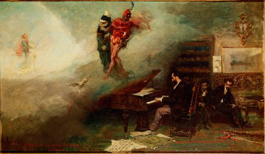 Fantasy on Faust (Fantasia sobre Fausto) - Left part: the characters of Martha, Mephistopheles (Mephisto), Faust and Margarita - Right: Pianist Juan Bautista Pujol (1835-1898) performs “Gran fantasia de Fausto” inspired by the work of Charles Gounod (1818-1893), near him find the painters Agapito Frances (1840-1869) and Lorenzo Casanova (1845-1900) - Painting by Mariano Fortuny y Marsal (1838-1874), 1866 - Oil on canvas - Sun: 40x69 cm Madrid, Prado Museum