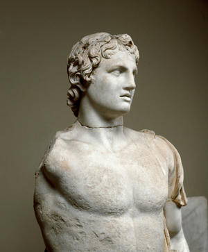 Greek Art: “” the King of Persia Alexander the Great (356-323 BC)”” Detail of a marble sculpture from Manisa Magnesia (Turkey). 2nd century BC. Sun 190 cm.istanbul, archeological museum