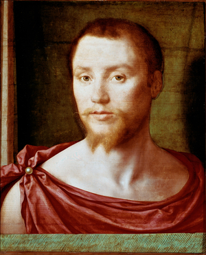 Portrait of man with the antique Red man face with double-pointed beard (or goat), it is covered with a loincloth. Painting on wood attributed to Pseudo Felix Chretien (ca. 1510-1579). circa 1535-1550 Dim. 48x39 cm Paris, musee du Louvre - Portrait of a man in Antique style. Face of a red hair manwith a double spike beard, wearing a toga. Wood painting attributed to Pseudo Felix Chretien ca. 1510-1579, 48 x 39 cm, Musee du Louvre, Paris, France.