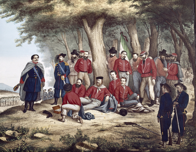 The Italian patriot Giuseppe Garibaldi  wounds in Aspromonte, the 29/08/1862 is transported by soldiers (painting)