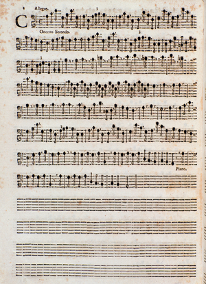 Violin beginning. Sheet music page for  Concerti a 5, opus 5, by Tomaso Albinoni (1710)