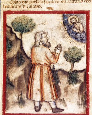 God asks Jacob to go to Bethel and build a Miniature altar from codex 212 (or padovano codice or Bible of Padua) 1390-1400 Rovigo, Accademia dei Concordi
