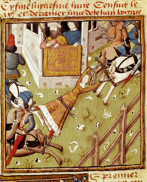 Brunhilda of Austrasias torture, prisoner of Chlothar II, is torn apart by horses that tears off its limbs on either side, 15th century (miniature)