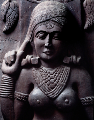 Buddhism: “” Sudarsana Yakshini”” detail of the stupa of Bharhut (Barhut, Barouth) Low relief of black stone, 2nd century BC (2nd century BC) - Kolkata, Indian museum