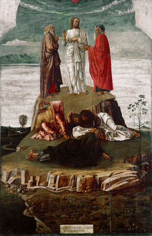 The Transfiguration Painting by Giovanni Bellini (1432 ca.-1516) said il Giambellino. 1455 Dim. 134x68 cm Venice, Museo Correr, n. 27