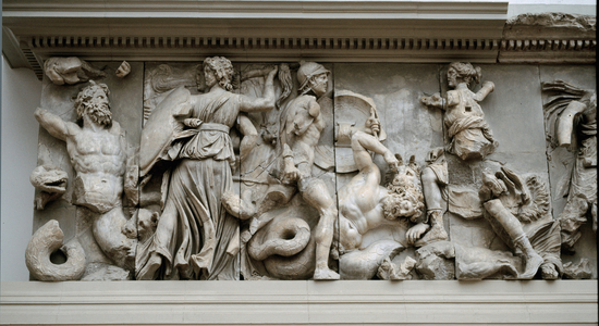 Greek art: representation of Hecate and Artemis. Frieze of the altar of Zeus a Pergamon, low relief of Eumene II (197-159 BC) Pergamon museum in Berlin, Germany
