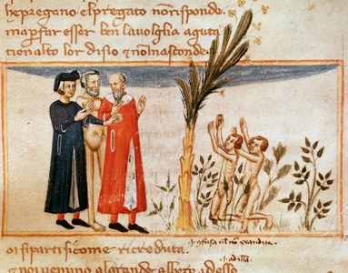 Dante and Virgil meet Forese de Donati with the gluttonous (song 23 from Purgatory, in the Divine Comedy) - Minature, 14th century