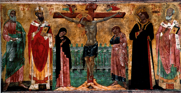 Crucifixion and saints Wood painting by anonymous artist of Veneto Byzantine school. Dim. 61x113 cm Venice, Museo Correr, n. 381