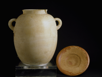Alabaster urn and clay plate from the site of Laurita. 7th century BC.