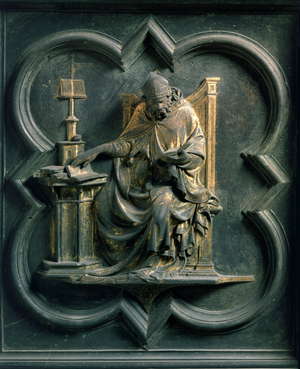 North Porte (called Porte de la Croix, north), exterior detail: Saint Ambrose. Bronze sculpture made by Lorenzo Ghiberti (1378-1455), 1424. Baptistere San Giovanni, Florence