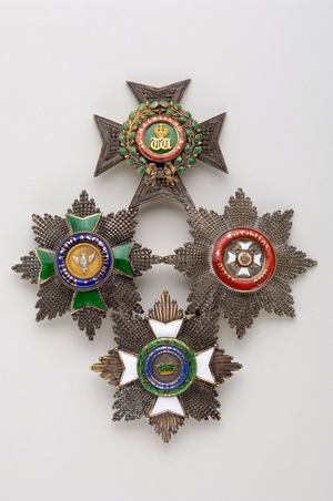 Duche of Saxony Cobourg Gotha - Order of the House Ernestine: jewel comprising four plates of the Orders of the Crown of Oak, the White Falcon, the Crown of Wurttemberg  and the House Ernestine - mid 19th century