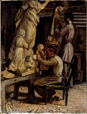 The sculptor's workshop. Painting by Sante Bertelli (1840-1892), 1872. Genes, Galleria d'Arte Moderna.