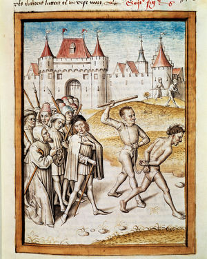 A man is led to Miniature torment from a German translation of Bidpai's fables “Kalila (Calila) and Dimna”. (ms. 1389, fol. 16) around 1480 Chantilly, musee Conde