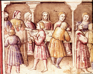 Banquet scene in a rich mansion of Padua Miniature from codex 212 (or padovano codice or Bible of Padua) 1390-1400 Rovigo, Accademia dei Concordi