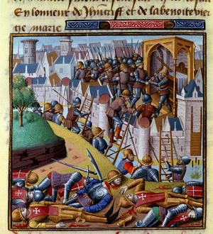 Attack of a fortified town Miniature in “” Le miroir historial”” (Speculum Historiale) by Vincent de Beauvais (1190-1264) translated into French by Jean de Vignay, 15th century. (ms. 1196, fol. 355 r) Chantilly, Musee Conde