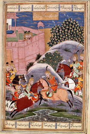 Islamic Art: “” Bijene's fight against Firoud”” Persian miniature from a manuscript of the epic poem “” Shahnameh”” (Shah Nama, Shahnama) (Book of Kings) by Ferdowsi (Firdawsi, or Ferdawsi, or Firdousi, ca. 940-around 1020) (ms. 607) Chantilly, Conde museum