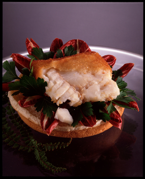 Food still life, fried codfish (baccala) (photography)