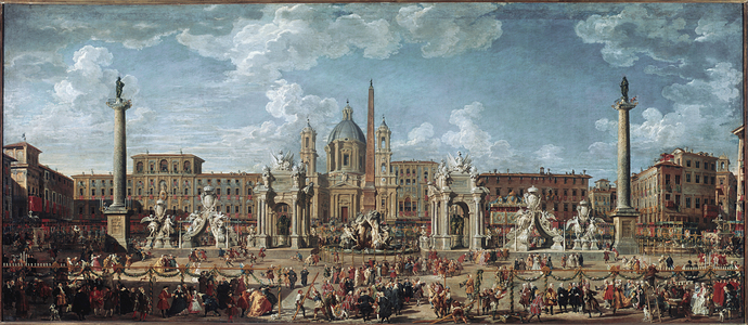 Preparations for the fireworks and decorations of the feast given in Rome celebrating the birth of the Louis de France dolphin (oil on canvas, 1729)