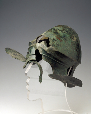 Helmet decorated with chalcidian type prints, 550-500 BC (bronze)