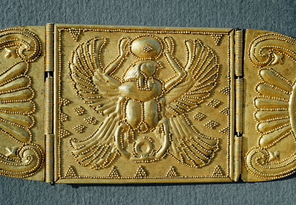 Armband decorated with symbols of Egyptian deities Khefri and Rha. Detail. 7th-6th century BC (gold)