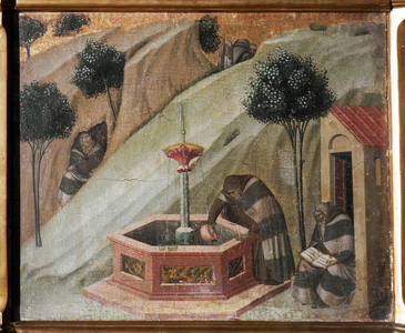 Detail of the altarpiece of Carmel: a hermit with the fountain of Elijah - Fresco, 14th century