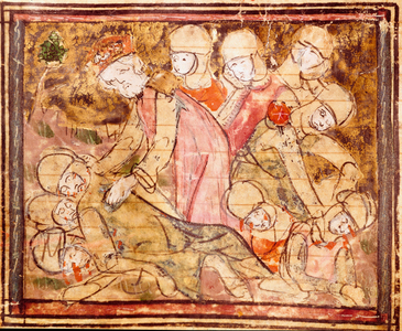 Charlemagne (742-814) finds the body of his nephew Roland who died at the Battle of Roncesvaux Miniature from “” Grandes Chronicles de France”” 1375-1379 Municipal Library, Castres
