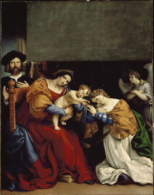 The Mystical Marriage of St. Catherine The Mystic Wedding of St. Catherine of Alexandria” On the left, Niccolo Bonghi, the painter's landlord. Painting by Lorenzo Lotto (ca. 1480-1556) 1523 Dim. 189 x 134 cm Bergamo, Accademia Carrara