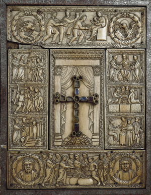 Evangelical cover known as “Dittico delle cinque parti” (Dyptic of the Five Parts) in ivory decorates episodes of the deity of jus. 5th century. Milan, Tesoro del Duomo