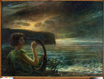 Full moon, Tribute to a feminine deity, playing lyre in a seascape with stormy sky (oil on canvas, 19th-20th century)