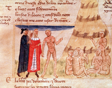 Corrado Malaspina's soul predicts to Dante the exile (song 8 from Purgatory, in the Divine Comedy) - Miniature, 14th century