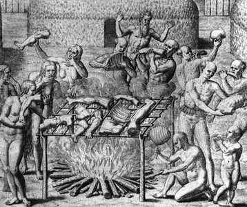Anthropophage Meals: Cannibales in Brazil - in “” Admirante Narratio Americae””, by Théodore de Bry, 1562-1563.