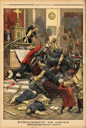 Boxers are organizing a massacre in Mukden, Manchuria, where the Christian community has taken refuge in the French mission, the Chinese invaded the buildings, slaughtered the 200 people who were there and massacred the eveque, the priests and the monks on the steps of the church altar. Engraving in "Le petit journal" 5/8/1900. Selva Collection.