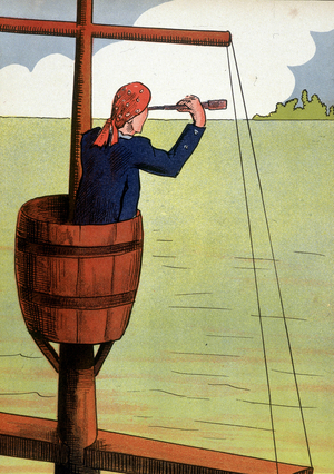 A pirate looking at an island with a long view - in “Treasure Island” by Robert Stevenson Ill. anonymous.