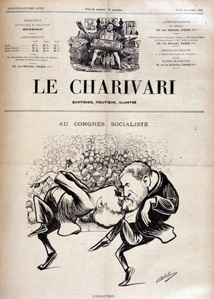 Caricature sur le congres socialiste (Jaures et x dansant le Cake-Walk, la danse du gateau qui remplace la Carmagnole) - dessin d'Albert Rene, in ""le Charivari"" du 30/04/1903. 