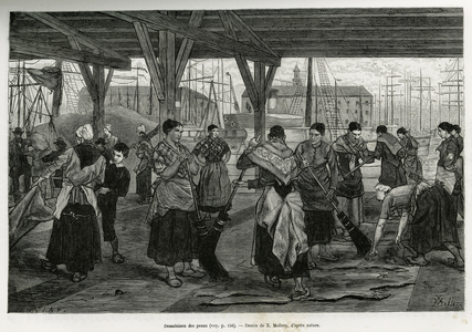 Desalation of the skins, by women scraping the remains of the beasts stretched under the structures of the halls of the port of Antwerp. Engraving by X.Mellery, to illustrate the story of Belgium, by Camille Lemonnier, published in the Tour du monde, edited by Edouard Charton (1807-1890), 1882, Paris. Selva Collection.