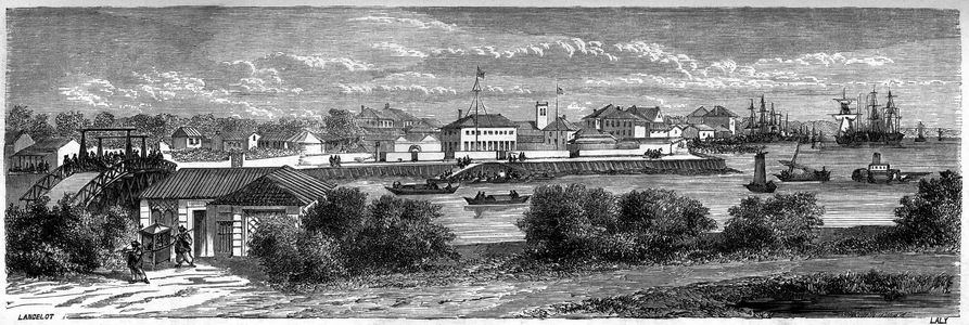 View of the United States concession on the Huangpu River in Shanghai in 1860, China. Engraving by Lancelot, in “” Le Tour du Monde, Nouveau journal des Voyages””, edited by Edouard Charton, Paris, 1864.