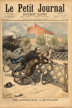 Arrestation a bicyclette aux environs de Champigny . Gravure in ""Le petit journal"" 30/08/1896. Collection de Selva. 
