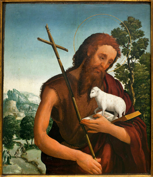 Saint John the Baptist - Painting by Diogo de Contreiras (active between 1521-1564), oil on wood, circa 1550 (St John the Baptist, by Diogo de Contreiras, oil on panel, circa 1550) - Musee d'Evora (Portugal)