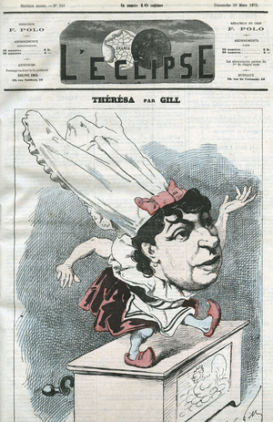 Cartoon by Emma Valendon called Theresa (1837-1913), French popular singer. Cover in “” L'Eclipse”” by Gill, March 30, 1873, Paris.